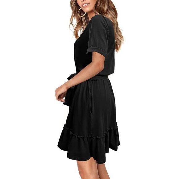 Short Roll Sleeve Flowy Swing Ruffle Dress Tie Waist with Pockets Sz M - Picture 1 of 7